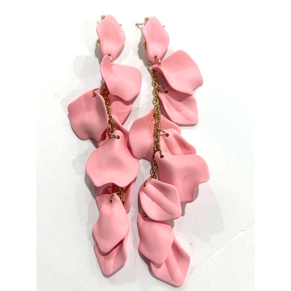 3/$39-Pink 5" Dangle Flower Petal Leaf Drop Statement Earrings 925 Sterling Post